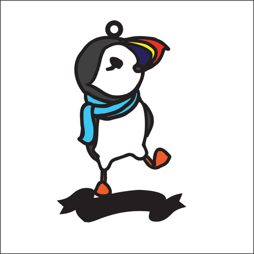 OL2765 - MDF Christmas Doodle Hanging - Puffin style 2 with Scarf - with or without banner - Olifantjie - Wooden - MDF - Lasercut - Blank - Craft - Kit - Mixed Media - UK