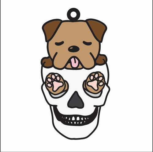 DN057 - MDF Doodle Dog Skull 2 Hanging - With or without Banner - Olifantjie - Wooden - MDF - Lasercut - Blank - Craft - Kit - Mixed Media - UK