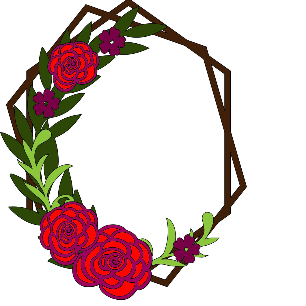 HX001 - MDF Dog Rose Style 1 Hexagonal Wreath - Olifantjie - Wooden - MDF - Lasercut - Blank - Craft - Kit - Mixed Media - UK