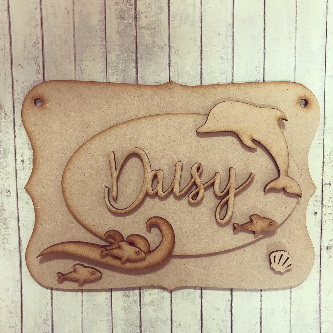 OP032 - MDF Dolphin Themed Personalised Plaque - Olifantjie - Wooden - MDF - Lasercut - Blank - Craft - Kit - Mixed Media - UK