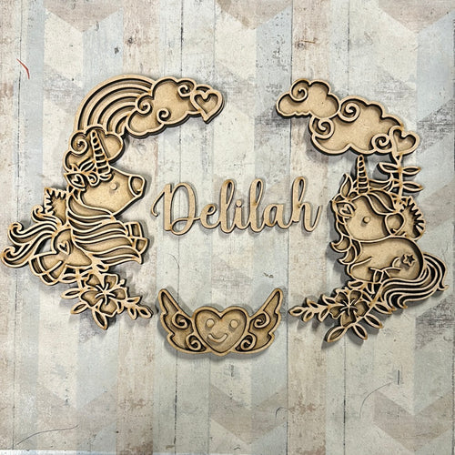 OL2898 - Personalised Unicorn Doodle Oval Box Topper / Wreath two sizes - Olifantjie - Wooden - MDF - Lasercut - Blank - Craft - Kit - Mixed Media - UK