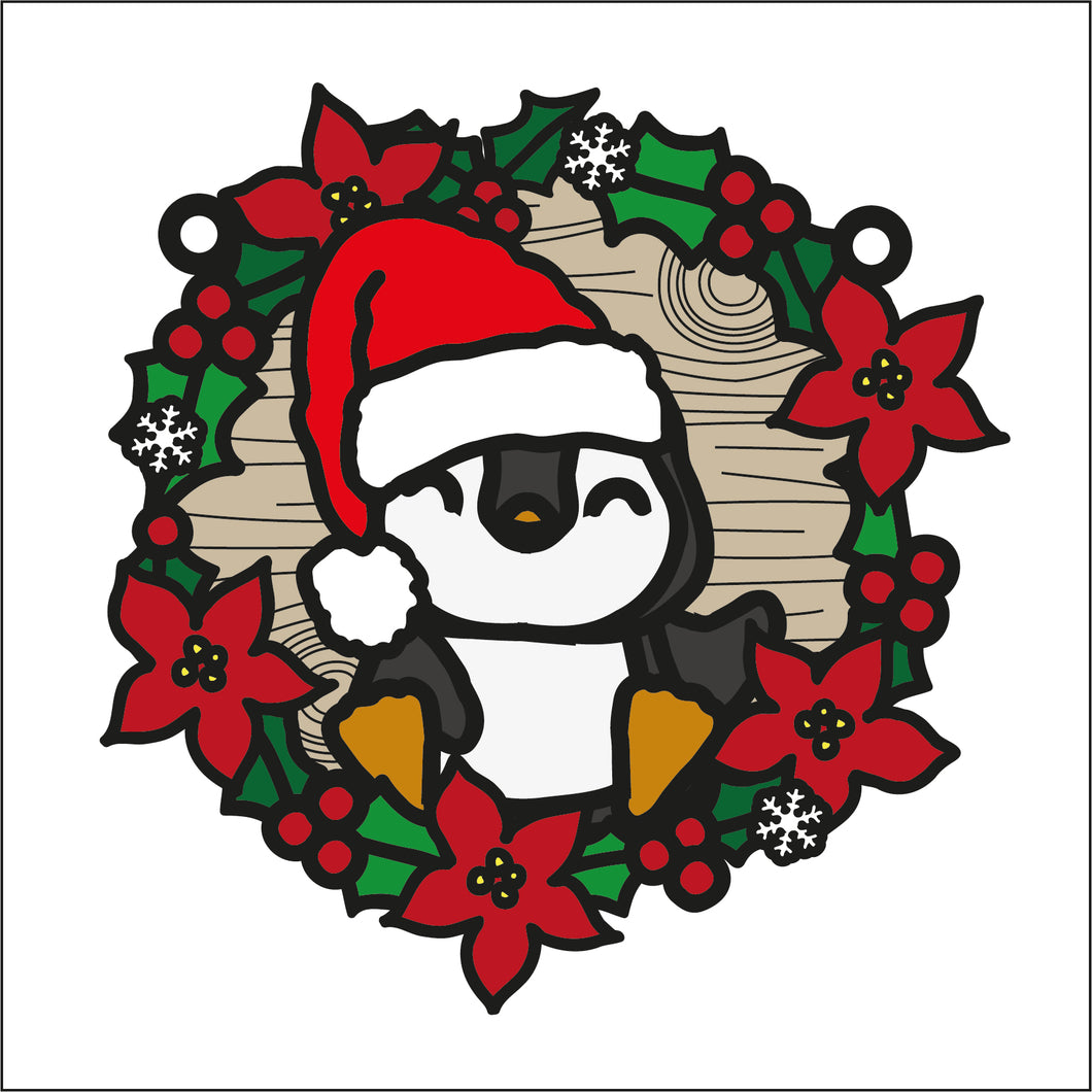 OL2735 - MDF Christmas Arctic Penguin 1  doodle Large Holly Wreath Plaque - Olifantjie - Wooden - MDF - Lasercut - Blank - Craft - Kit - Mixed Media - UK