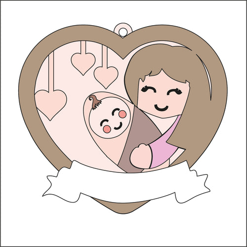 OL2762 - MDF Layered Heart  hanging with backing - Woman and Baby - Olifantjie - Wooden - MDF - Lasercut - Blank - Craft - Kit - Mixed Media - UK