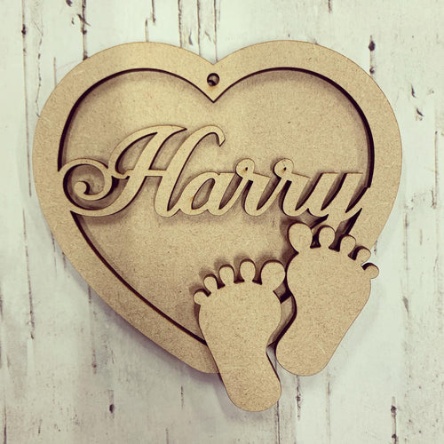 HB013 - MDF Hanging Heart - New Baby Footprints Themed with Choice of Wording - 2 Fonts - Olifantjie - Wooden - MDF - Lasercut - Blank - Craft - Kit - Mixed Media - UK