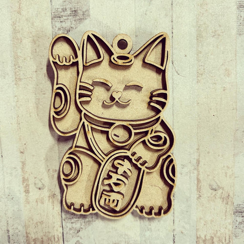 OL3045 - MDF Lucky Cat Doodle Hanging with or without banner - Olifantjie - Wooden - MDF - Lasercut - Blank - Craft - Kit - Mixed Media - UK