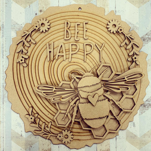 HC097 - MDF Layered ‘Bee Happy’  Plaque - Olifantjie - Wooden - MDF - Lasercut - Blank - Craft - Kit - Mixed Media - UK