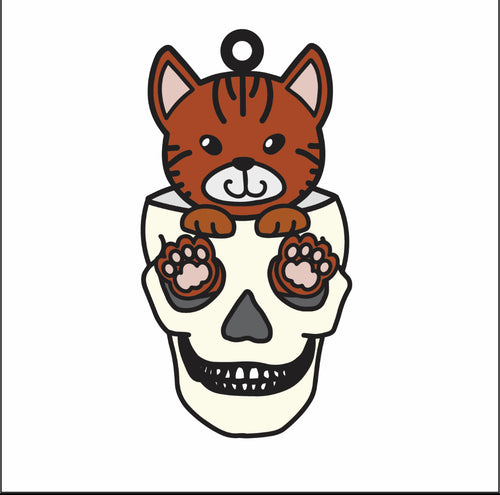 DN060 - MDF Doodle Skull Cat 2 Hanging - With or without Banner - Olifantjie - Wooden - MDF - Lasercut - Blank - Craft - Kit - Mixed Media - UK