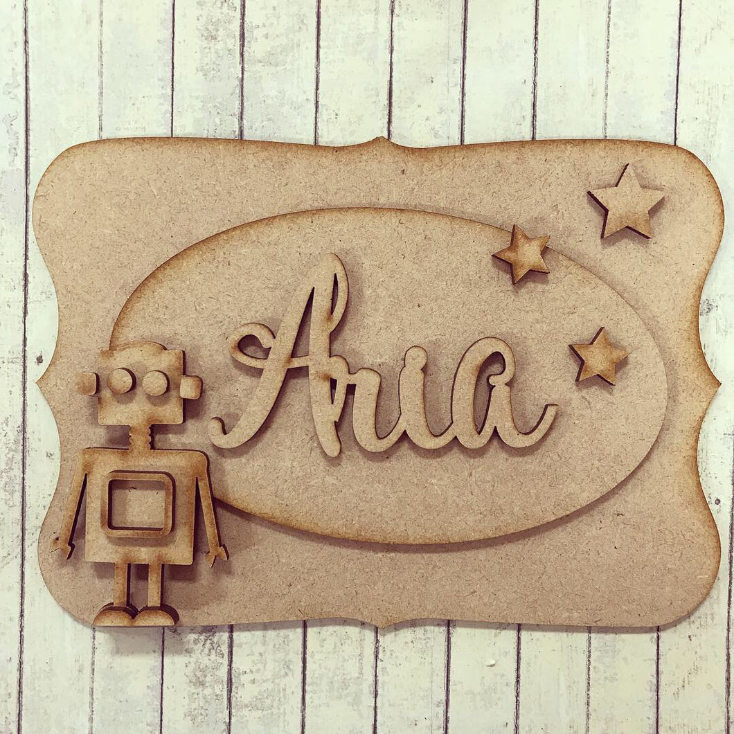 OP008 - MDF Robot Themed Personalised Plaque - Olifantjie - Wooden - MDF - Lasercut - Blank - Craft - Kit - Mixed Media - UK