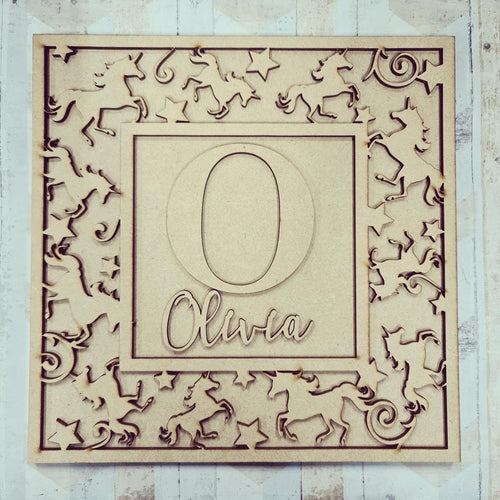 OL901 - MDF Personalised Square Plaque Frame - Unicorn Swirl - Olifantjie - Wooden - MDF - Lasercut - Blank - Craft - Kit - Mixed Media - UK