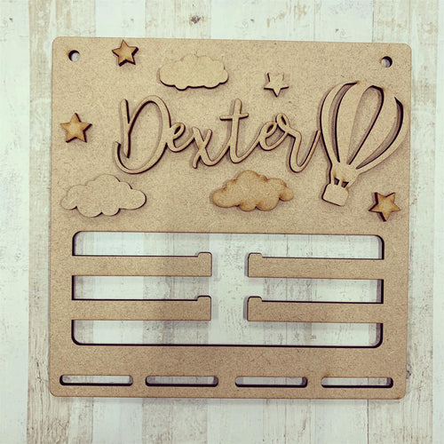 BH033 - MDF Hot Air Balloon Themed - Medal / Bow Holder - Personalised & Choice of Shape - Olifantjie - Wooden - MDF - Lasercut - Blank - Craft - Kit - Mixed Media - UK