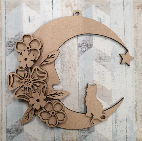 OL460 - MDF Hanging Floral Moon with - Cat - Olifantjie - Wooden - MDF - Lasercut - Blank - Craft - Kit - Mixed Media - UK