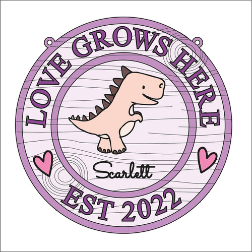 OL1631 - MDF Dinosaur personalised doodle Circle ‘love grows here’ est date Plaque - Style 2 - Olifantjie - Wooden - MDF - Lasercut - Blank - Craft - Kit - Mixed Media - UK
