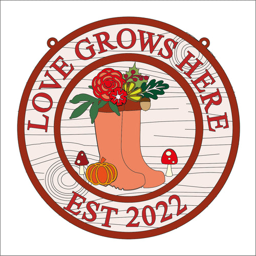 OL1644 - MDF Floral Wellies Circle ‘love  grows here’ est date Plaque - Autumn Flowers - Olifantjie - Wooden - MDF - Lasercut - Blank - Craft - Kit - Mixed Media - UK