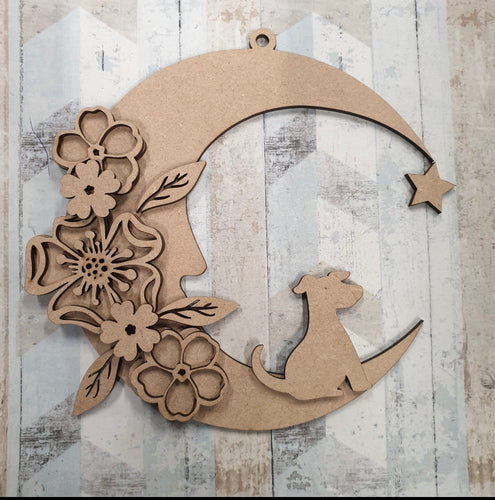 OL461 - MDF Hanging Floral Moon with - Dog - Olifantjie - Wooden - MDF - Lasercut - Blank - Craft - Kit - Mixed Media - UK