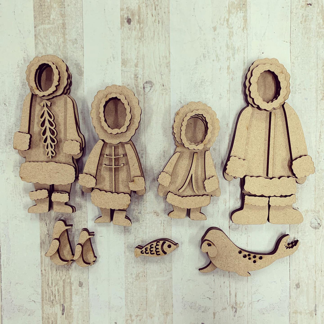 OL307 - MDF Flat Inuit Family Set with Penguins & Sea Lions - with additional igloo if required - Olifantjie - Wooden - MDF - Lasercut - Blank - Craft - Kit - Mixed Media - UK