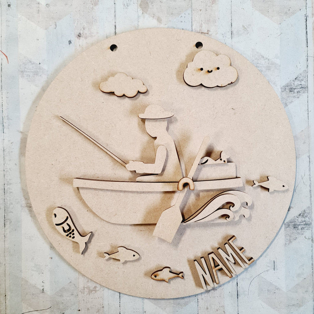 OL2943 MDF Fishing Boat Layered - Round Scene Personalised  Plaque with - Olifantjie - Wooden - MDF - Lasercut - Blank - Craft - Kit - Mixed Media - UK