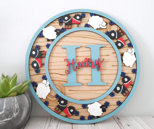 OL883 -MDF Personalised Circle Plaque Frame - Sheep and tractor - Olifantjie - Wooden - MDF - Lasercut - Blank - Craft - Kit - Mixed Media - UK