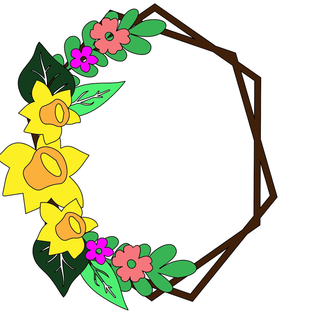 HX014 - MDF Daffodil Style 2 Hexagonal Wreath - Olifantjie - Wooden - MDF - Lasercut - Blank - Craft - Kit - Mixed Media - UK