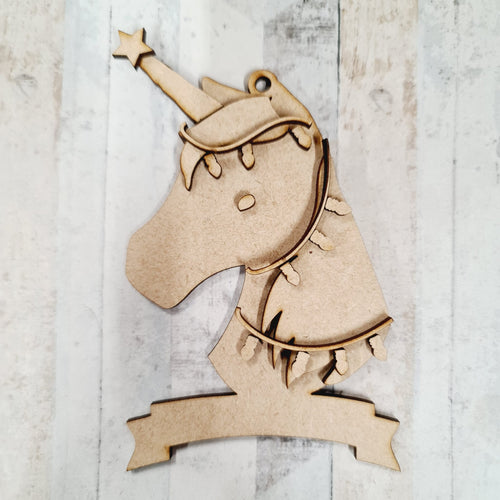 OL1070 - MDF Christmas Tree Unicorn hanging Bauble with Banner - Olifantjie - Wooden - MDF - Lasercut - Blank - Craft - Kit - Mixed Media - UK