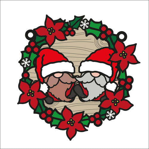 OL2712 - MDF Christmas Gonk Gnome doodle Large Holly Wreath Plaque - 2 Males - Olifantjie - Wooden - MDF - Lasercut - Blank - Craft - Kit - Mixed Media - UK