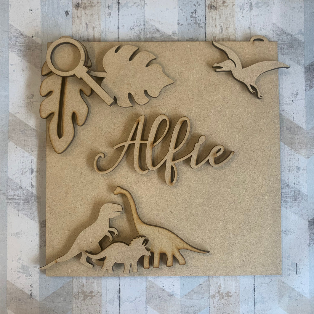 OL963 - MDF Jungle Dinosaur Personalised Square Plaque - Olifantjie - Wooden - MDF - Lasercut - Blank - Craft - Kit - Mixed Media - UK