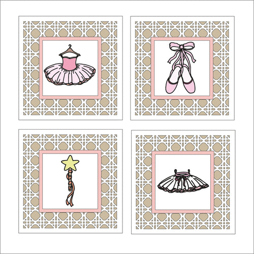 OL1610 - MDF set 4 rattan effect plaques with doodle ballet items - Olifantjie - Wooden - MDF - Lasercut - Blank - Craft - Kit - Mixed Media - UK