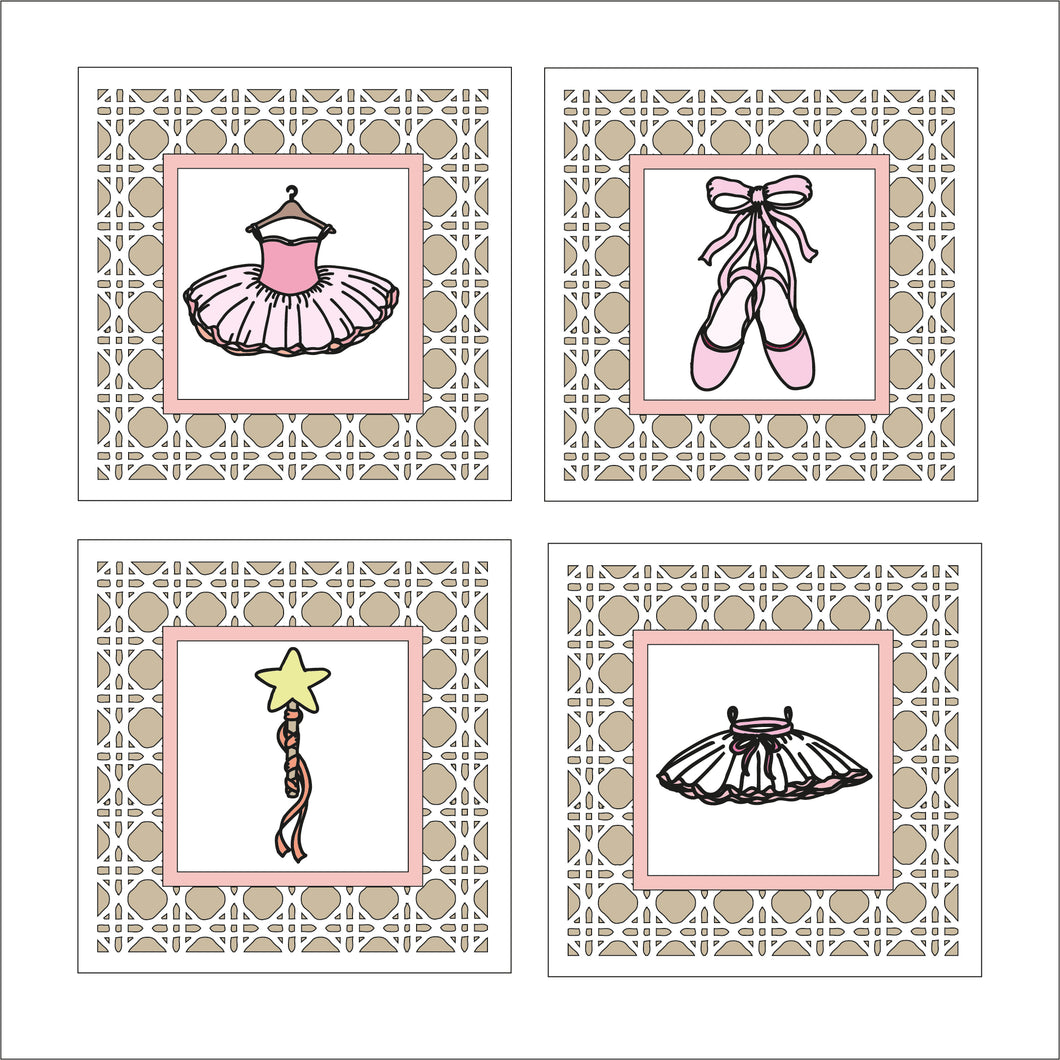 OL1610 - MDF set 4 rattan effect plaques with doodle ballet items - Olifantjie - Wooden - MDF - Lasercut - Blank - Craft - Kit - Mixed Media - UK