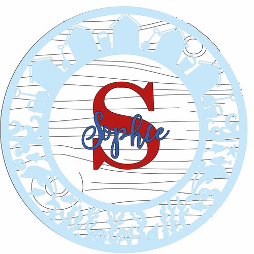 OL1211 -MDF Personalised Circle Plaque Frame - Beach Hut Seaside  Theme - Olifantjie - Wooden - MDF - Lasercut - Blank - Craft - Kit - Mixed Media - UK