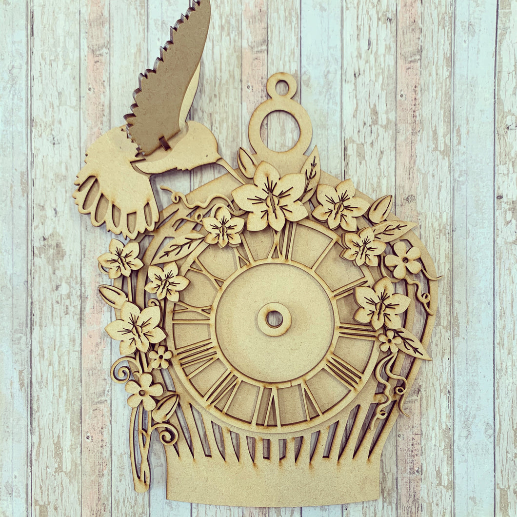 HC125 - MDF Orchid Hummingbird birdcage  Clock with Mechanism and gold hands - Olifantjie - Wooden - MDF - Lasercut - Blank - Craft - Kit - Mixed Media - UK