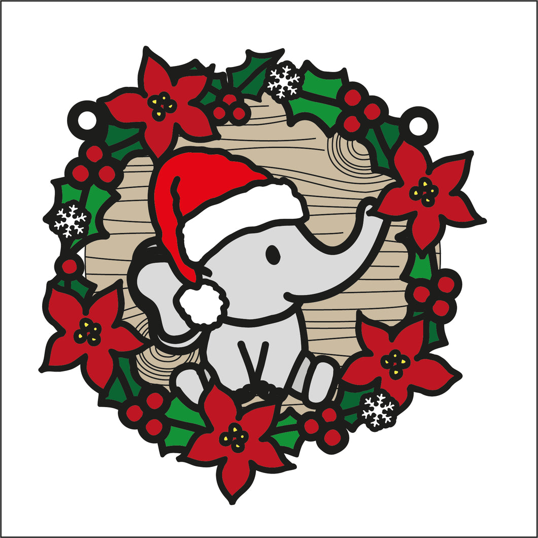 OL2745 - MDF Christmas Elephant doodle Large Holly Wreath Plaque - Olifantjie - Wooden - MDF - Lasercut - Blank - Craft - Kit - Mixed Media - UK