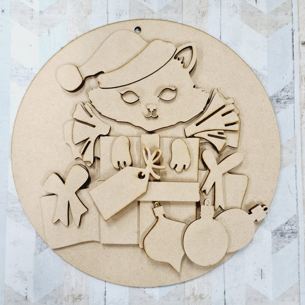 CH415 - MDF Christmas Kitsch Kitten Hanging Plaque - Olifantjie - Wooden - MDF - Lasercut - Blank - Craft - Kit - Mixed Media - UK