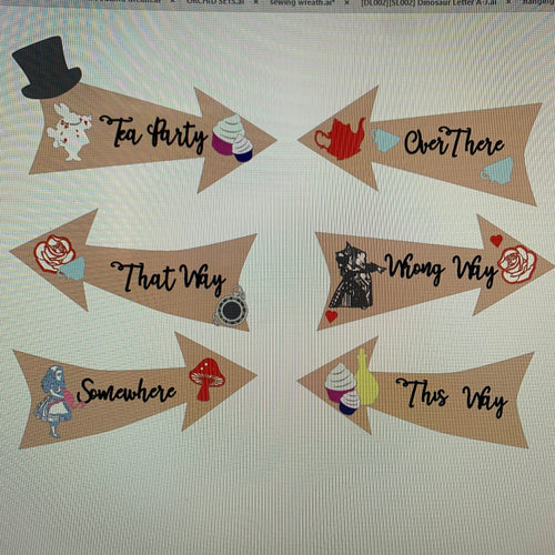 OL912 - MDF Alice in Wonderland set 6 direction signs  - Teaparty Theme - Olifantjie - Wooden - MDF - Lasercut - Blank - Craft - Kit - Mixed Media - UK