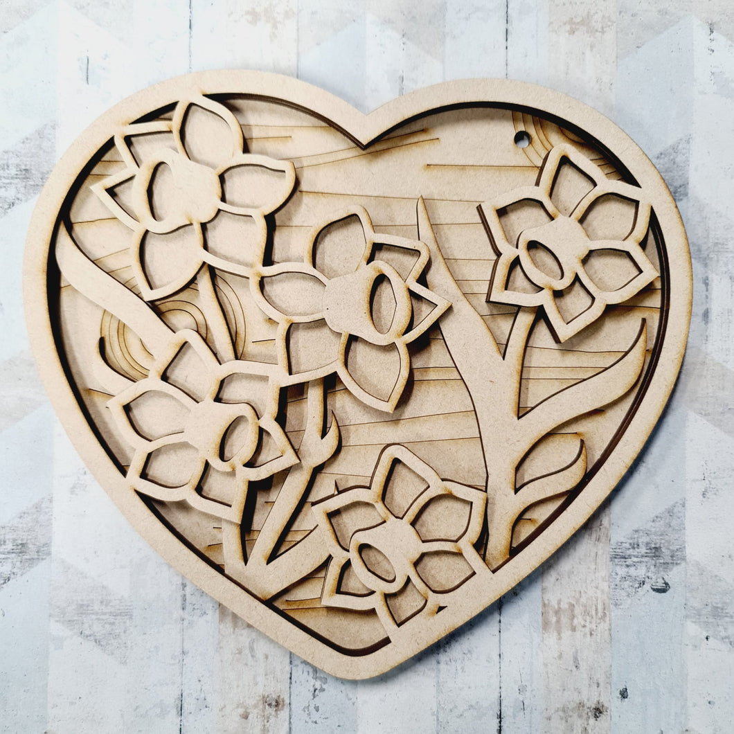 OL1343 - MDF Layered Heart Daffodils personalised  Scene - Olifantjie - Wooden - MDF - Lasercut - Blank - Craft - Kit - Mixed Media - UK