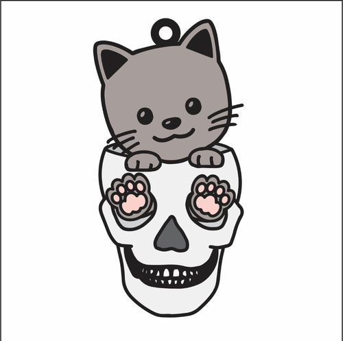 DN059 - MDF Doodle Skull Cat 1 Hanging - With or without Banner - Olifantjie - Wooden - MDF - Lasercut - Blank - Craft - Kit - Mixed Media - UK
