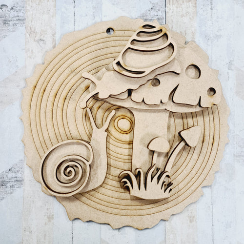 OL1080 - MDF Circular Wood Slice   - Snails & Mushrooms - Olifantjie - Wooden - MDF - Lasercut - Blank - Craft - Kit - Mixed Media - UK