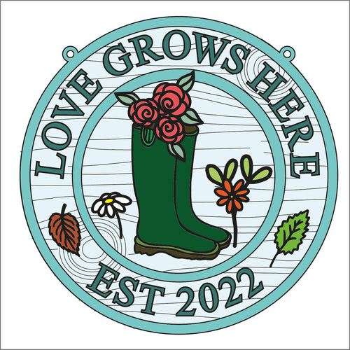 OL1651  - MDF Gardening Doodles Wellies Circle ‘love  grows here’ est date Plaque - Olifantjie - Wooden - MDF - Lasercut - Blank - Craft - Kit - Mixed Media - UK