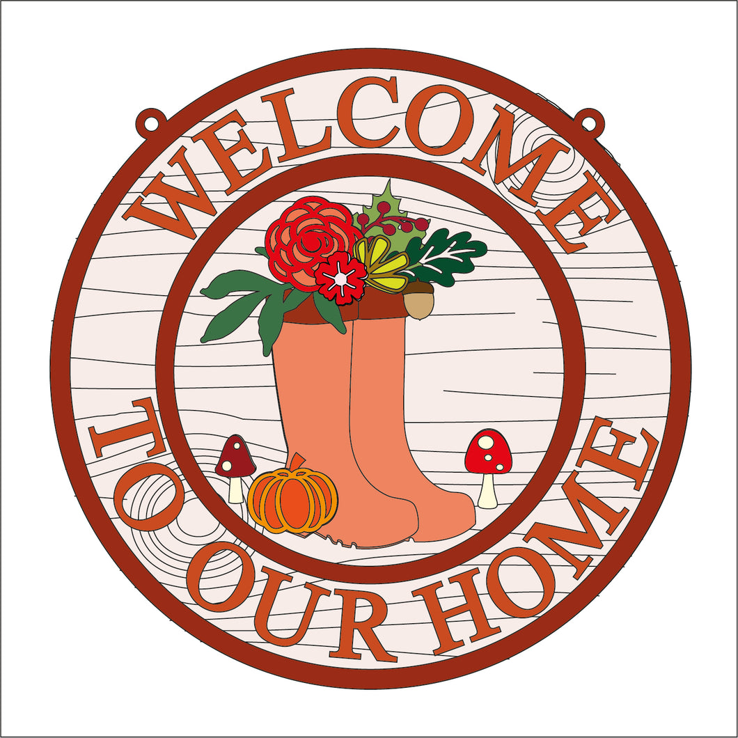 OL1650 - MDF Floral Wellies Circle ‘welcome to our home ’ Plaque - Autumn Flowers - Olifantjie - Wooden - MDF - Lasercut - Blank - Craft - Kit - Mixed Media - UK