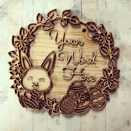 OL2825 - MDF Easter Egg Bunny Doodle Wreath with backing and your wording - Olifantjie - Wooden - MDF - Lasercut - Blank - Craft - Kit - Mixed Media - UK