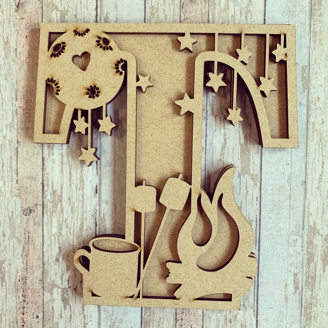 DL055 - MDF Campfire Themed Layered Letter (without name) - Olifantjie - Wooden - MDF - Lasercut - Blank - Craft - Kit - Mixed Media - UK