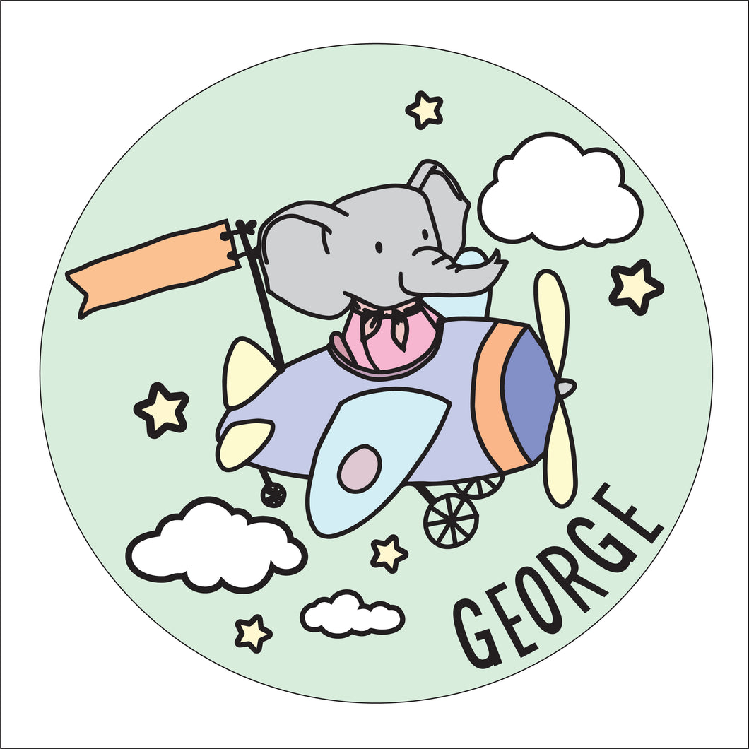 OL2874 - MDF Cute Animal  Doodles - Round  Scene Personalised Layered Plaque - Aeroplane Elephant - Olifantjie - Wooden - MDF - Lasercut - Blank - Craft - Kit - Mixed Media - UK