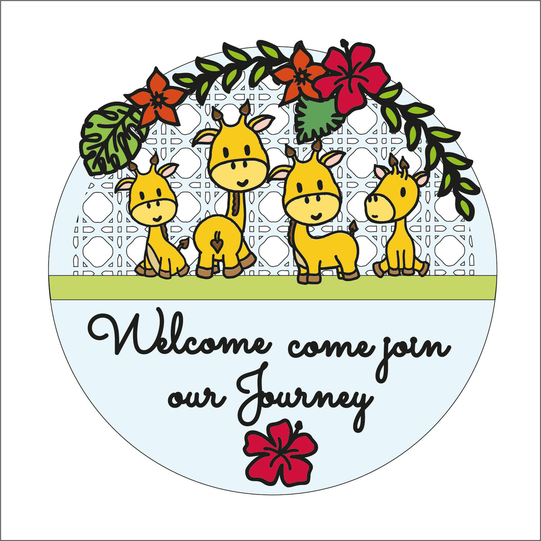OL1732 - MDF Giraffe ‘Welcome come join our journey’ Rattan Circle  Plaque - Olifantjie - Wooden - MDF - Lasercut - Blank - Craft - Kit - Mixed Media - UK