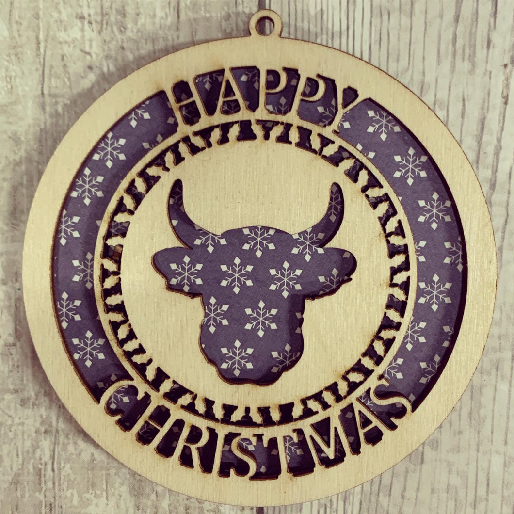 OL346 - Highland Cow Themed MDF or Birch Bauble - Olifantjie - Wooden - MDF - Lasercut - Blank - Craft - Kit - Mixed Media - UK