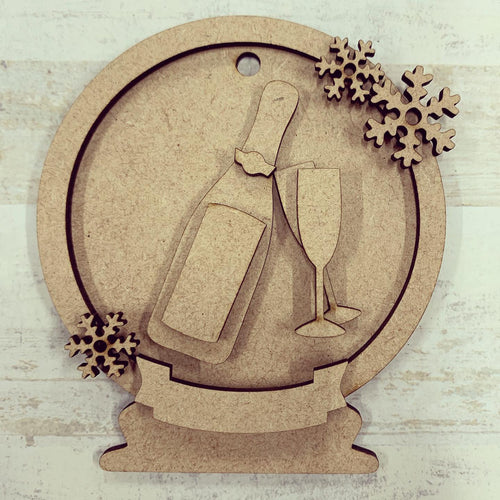 CH119 - Prosecco Christmas Bauble Snow Globe - Olifantjie - Wooden - MDF - Lasercut - Blank - Craft - Kit - Mixed Media - UK
