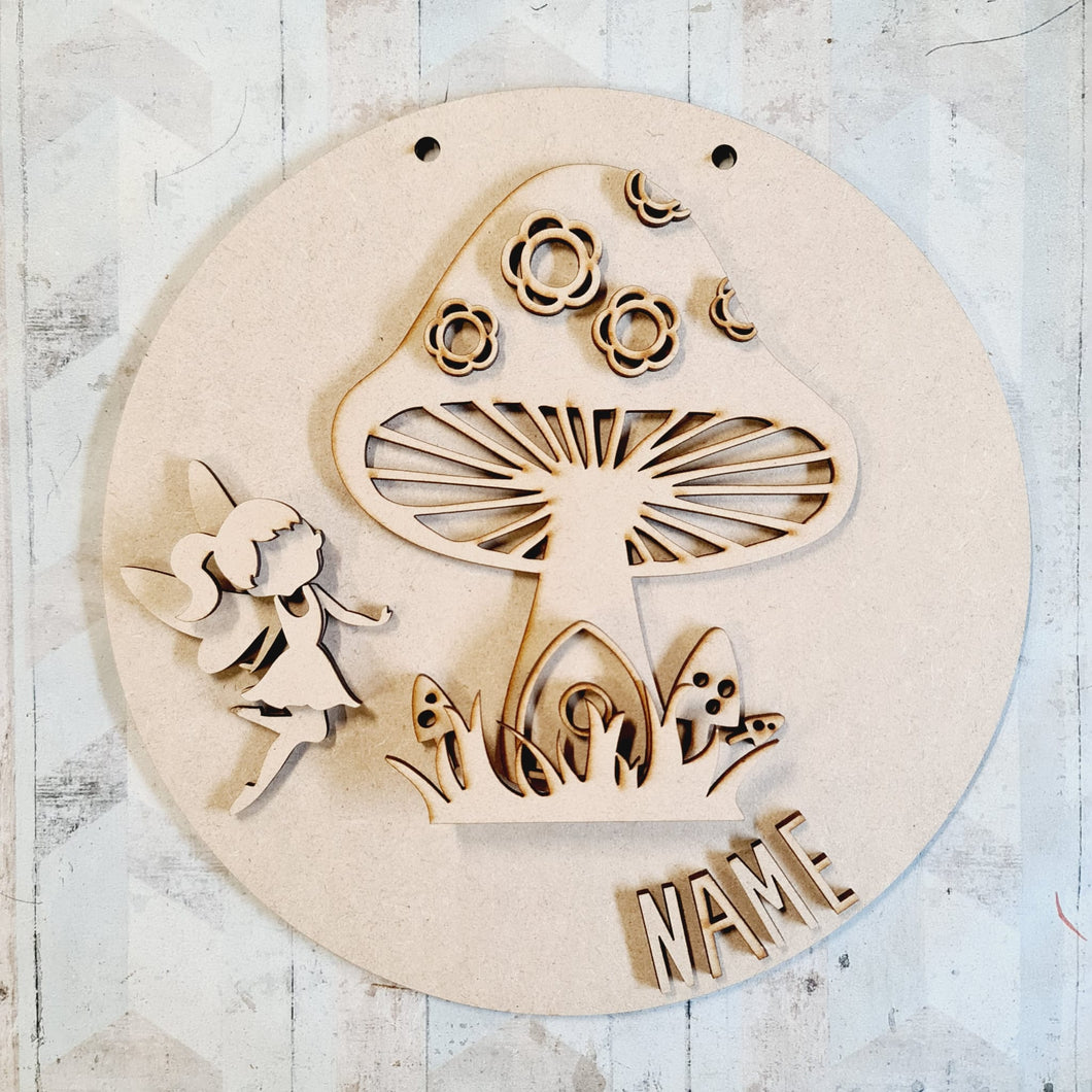 OL2957 MDF Toadstool Fairy House Layered - Round Scene Personalised  Plaque with - Olifantjie - Wooden - MDF - Lasercut - Blank - Craft - Kit - Mixed Media - UK