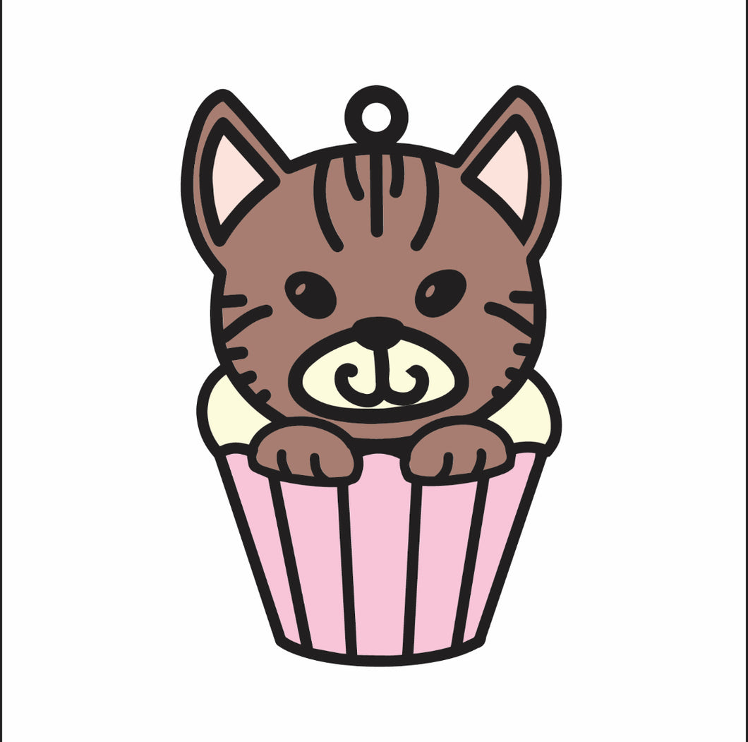 DN052 - MDF Doodle Cat 1 Cupcake Hanging - With or without Banner - Olifantjie - Wooden - MDF - Lasercut - Blank - Craft - Kit - Mixed Media - UK