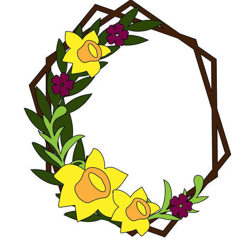HX013 - MDF Daffodil Style 1 Hexagonal Wreath - Olifantjie - Wooden - MDF - Lasercut - Blank - Craft - Kit - Mixed Media - UK