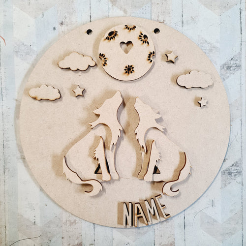 OL2941- MDF Wolves Moon Layered - Round Scene Personalised  Plaque with - Olifantjie - Wooden - MDF - Lasercut - Blank - Craft - Kit - Mixed Media - UK