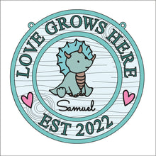OL1630 - MDF Dinosaur personalised doodle Circle ‘love grows here’ est date Plaque - Style 1 - Olifantjie - Wooden - MDF - Lasercut - Blank - Craft - Kit - Mixed Media - UK