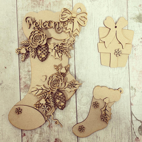 HC115 - MDF Layered 30cm  Stocking with add on Plaque - Olifantjie - Wooden - MDF - Lasercut - Blank - Craft - Kit - Mixed Media - UK