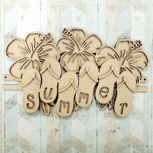 SJ433 - MDF ‘Summer’ Flip Flops Layered Plaque - Olifantjie - Wooden - MDF - Lasercut - Blank - Craft - Kit - Mixed Media - UK